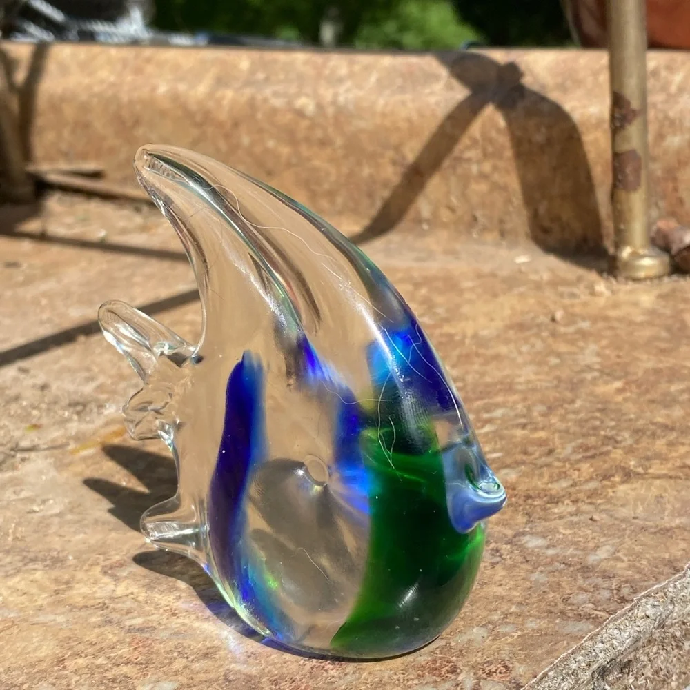 Glass Fish Figurine - Green and Blue Paperweight Angel fish 🐠